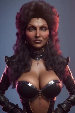 Pam Grier as evil queen in black leather, leather, busty, cleavage, angry, stern look. character design by cory loftis, fenghua zhong, ryohei hase, ismail inceoglu and ruan jia. unreal engine 5, artistic lighting, highly detailed, photorealistic, fantasy