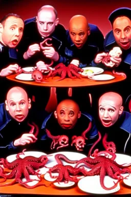 The cast of red Dwarf all eating octopus