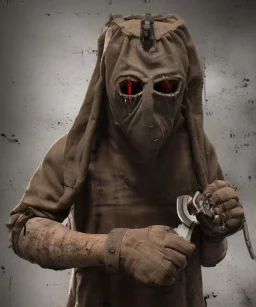 horror burlap sack mask serial killer holding a chainsaw wearing old bloody and dirty torn clothing full body shot" trending on Artgem style 8k