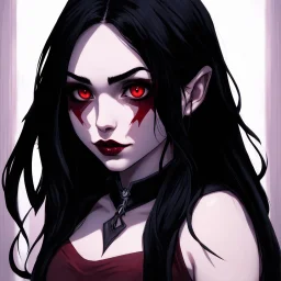 a pretty girl, 14 years old, black hair, red eyes, vampire, realism, stylised, serana