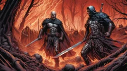 a horrifying burning warrior. brutal carnage on a battle field. armor melted into the skin. blood. bones. intense horror. blind terror. scared to death. dark fantasy setting, Mark Brooks and Dan Mumford, comic book art, perfect, smooth