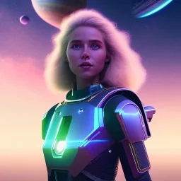 A portrait of a transparent crystalline girl,smiling, longs blond hairs, green eyes, galactic skirt, atmospheric, realistic, cinematic lighting, octane render, purple and blue sky, nebula, stars, planets in background, spaceship in background