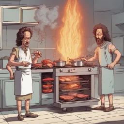 Ancient aliens cooking meat on fire in kitchen