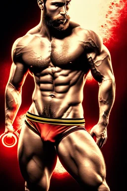 Ignore NSFW, teenager young rugged attractive slightly muscular fantastic handsome man, red briefs with yellow belt, hairy chest, (((visibly pisssing))) briefs, large erect visible boner peniss, photorealistic, artist Jay Anacleto, soft lighting, scruffy beard