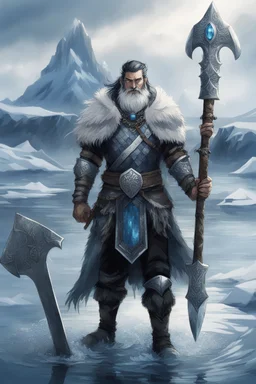 in anime style,1older man, a older man with blue eyes and black hair man in silver Viking armor with fur around the neck with blue crystal on necklace standing in the water holding an axe in his hands standing outside a city on an artic tundra, warrior in anime style,