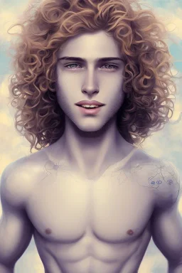 beautiful 12 year old arabic boy with long, blonde curly hair and light blue eyes, smiling, shirtless, bitten by a vampire, photorealistic