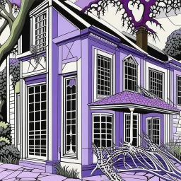 A light purple mansion with spiders painted by Roy Lichtenstein