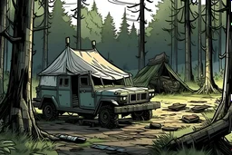 camp, forest, post-apocalypse, front view, comic book, cartoon, pickup,