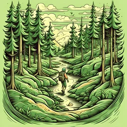 You decide to find your own way out of the forest, confident in your navigation skills. After a little while, you emerge from the trees and find yourself back at the edge of the forest; illustrations style