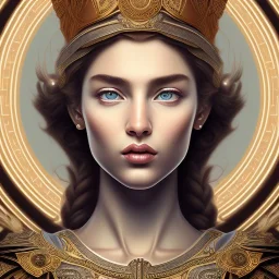 Oliver Barrett art style Portrait of Greek Mythology Goddess Athena " with white elegant old greek apparel and Laurel crown.extremely detailed face, ,perfectly centered image,intricate detail.dark hair, sharp dark eyes, bright blue lighting, sarcastic smile, sharp focus hair.