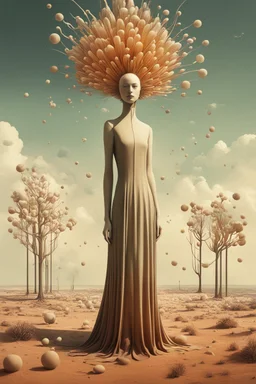 a full body portrait of how she became a victim of her own abstract thinking, her mind beset by a thousand fritillary mechanistic organisms , neo surrealism, biomorphic , striking, atmospheric, dreamlike, enigmatic, in the style of Yves Tanguy , Kay Sage in soft organic colors, hyper detailed , cinegraphic realism, 4k