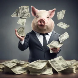 rich pig in suit making stacks of money by making a deal with a buisnessman