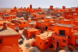 An orange colored Chinese village in a wasteland painted by Antoni Gaudi