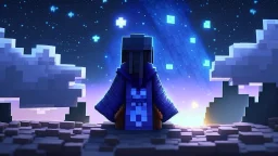 Minecraft Character, minecraft theme, purple starry sky, meditating, aesthetic, facing back, character wearing robes,