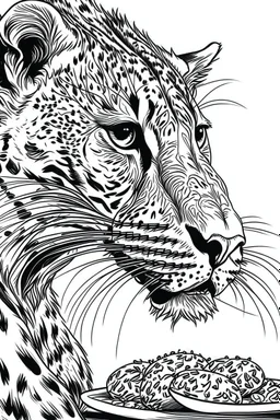 Outline art, cheetah eating food, cartoon style, black and white, low detail, no shading, --ar 9:11