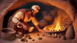 Mesopotamia with man making ceramic in a oven with fire