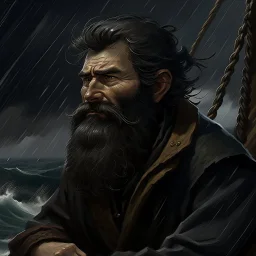 The large angry black haired bearded shipper "Boatsman" looking out at a stormy sea realistic grimdark