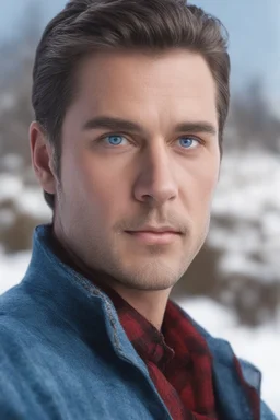 Blue eyes, close-up facial portrait - a Bright, well-lit UHD, 1080p 32k, photograph - winter time, hunting season, part Jesus Christ, part Elvis Presley with a mustache and short crew-cut hair, part Lee Majors, Part red and black checkered wool coat, blue jeans, cowboy boots, plaid shirt, sunbursts, crosses, 3D lighting, diamonds, hearts, Butterflies, Clovers, Roses, extremely colorful,