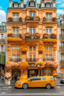 generate Paris skyline florist facade women arrose flowers street with a man and son car color Peach and mustard iffel in the center