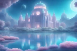 harmonique cosmic city with seral garden and great building, un environnement magnifique, cosmique, dôme à facette, cristauxs, lac , couleur turquoise. couleurs douces et pastel. infiniment de détails. ciel étoilés, étinecelles de lumières partout. haute définition, 4k,