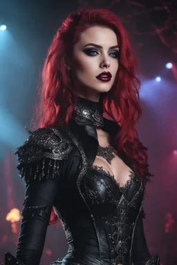 Gorgeous HD Photography Beautiful super model European woman cyberpunk rocker heavy metal music,dress Victorian Gothic Vampire Queen clothes,on stage music concert background, b-horror film screencap