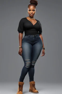 Create a digital image of a curvy black female wearing tight cut up jeans and a black tshirt with timberland boots. Prominent make up with hazel eyes. Highly detail two cornrows going down her head.