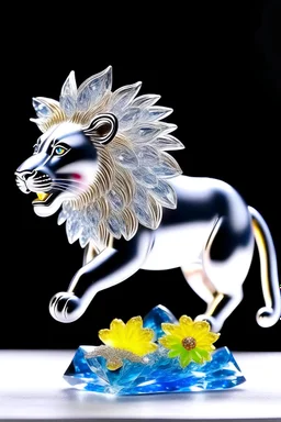 Leão de vidro voando sobre flores de cristal