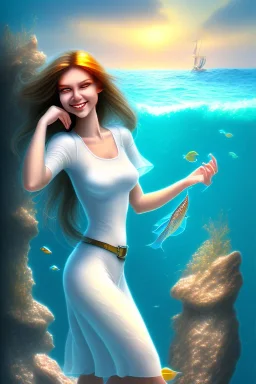 long hair fish smiling lady with white top set on the rock in the ocean