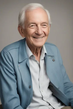 a thin beautifully carved frame for a male portrait, 80-year-old Harold Kendall sitting facing almost forward, thin, short-cut, gray hair, short mustache, clean shaven chin, medium build, bright blue eyes, tan leather jacket with wide collar, light blue button up shirt, Blue Jeans, Smiling a silly smile