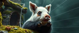 the high speed magical face of a fluffy panda horse pig star with charm and head set in web from mossy tower, master oil painting by Rembrandt and Escher, in his moss covered space ship , brightened edges to give a sense of depth, motion blur