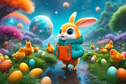 easter holidays, pixar art style of cute pixie smiling bunny with large eyes, little chicken, full body, fresh orange puffer jacket, a colorful intricate HEART shaped planet similar to Technopolis in a brig ażht nebula backdrop, by mobeius, large eastern eggs, in the garden of Eden, stylized vegetation, turquoise water ground-level view, foggy atmosphere, hyper detailed, digital art, trending in artstation, cinematic lighting, unreal engine 5 rendered, octane rendered