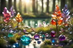 Coloured glass forest, meadow and pond set with gemstones, glittering metal stems and gemstone leaves sharp focus elegant extremely detailed intricate very attractive beautiful dynamic lighting fantastic view crisp quality exquisite detail gems and jewels S<AI in sunshine Weight:1 Professional photography, bokeh, natural lighting, canon lens, shot on dslr 64 megapixels sharp focus Weight:0.9