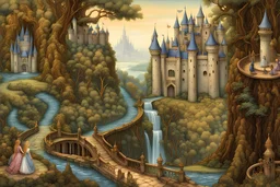 An intricately detailed watercolor depicting a castle, divided into four distinct sections, applying artistry reminiscent of masters such as Cicely Mary Barker, H. R. Giger and Beksiński. The areas of the castle each tell a different aspect of an enchanting children's story: a quiet, magical wonderland, a forest of fairies, butterflies, a waterfall, a lake, rendered with chrome.