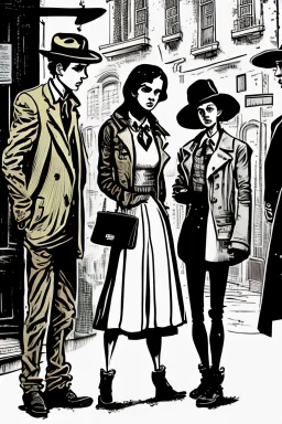 Design a detective book cover for teenagers. Three teenage detectives in the centre, one boy on her left, the girl in the centre and one on her right are on the town street. Black cat. Banksy style, modern comic book style, mysterious atmosphere,