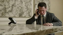 angry guy on phone at incomplete table next to marble tabletop