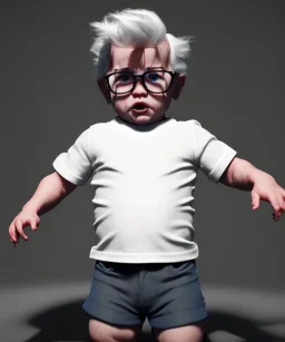 Pedro almodovar toddler, full body, white hair, diagonal shirt, dramatic lighting, hyper realistic