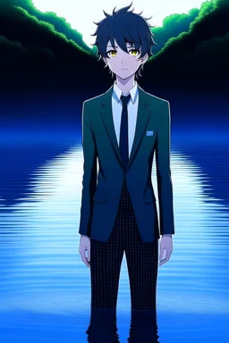 A anime boy with suit standing in the water