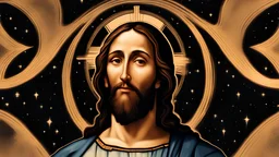 Portrait photograph upper body of Jesus Christ smiling, his eyes are focusing at the bottom of the picture, starry night background.