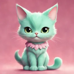 A charming digital art piece showcasing the cuteness of a mint-colored cartoon cat, set against a soft and inviting pink background, (charming digital art:1.4), (cute cartoon cat:1.5), (soft and inviting pink:1.3), (expressive mint hues:1.2), drawing inspiration from the styles of cute and whimsical illustrators, trending on CGSociety, Intricate, Sharp focus, warm lighting, (captivating:1.4), (playful details:1.5), (lush fur details:1.3), Cartoon, Masterful, Captivating, Photorealistic, Ultra-de