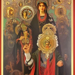 patron of photographers holding a camera in one hand and film roll in the other. orthodox icon with saint photographer. Cyrillic inscriptions. hyperdetailed, Alphonse Mucha, Zdzisław Beksiński, poster, illustration, ink, oil on canvas, 18th century atlas