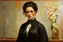 Egon Schiele, Andrea Kowch, Jean-Giraud Moebius, figurative abstract expressionist art, somber Gothic female vampire sorceress,full body portrait perfection,abstract painting ,acrylic art,oil paint,sharp brush strokes, fine palette knife, highly detailed hair and facial features, rugged skin tones, subdued natural colors, museum quality render