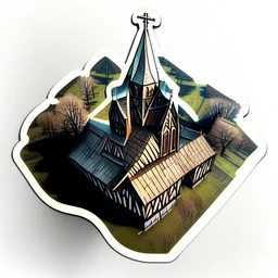 aerial view digital artwork of a stave church as a sticker