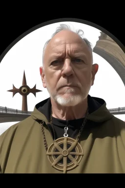 A brutal man witj bold head. He is dressed in beige and black Christian clothes. A large red pendant in the form of a constellation.