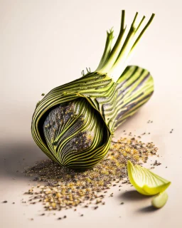 roast Fennel seeds. Realistic photo. HD. Glowing. 3d style