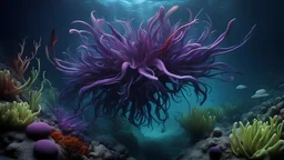 animals creatures, plants from subanautica from deep sea, leviathan's a lot of sea plants very deep, beautiful, river of magma, green and blue, dark purple