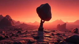 realistic photo of a landscape covered in granite that looks futuristic with futuristic lighting , a big foot caring a big granite stone holding it up