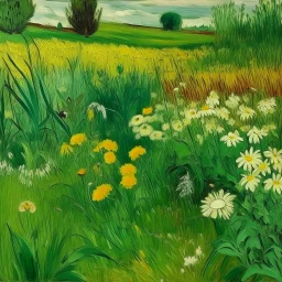 A green meadow with flowers painted by Vincent van Gogh