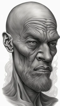 ππ§π€π’π₯π© highly detailed graphite illustration, A surreal mad face with exaggerated anatomical features, heavily wrinkled skin, and an intense, contemplative expression. bald head, thick eyebrows, long beard merge into swirling abstract shapes. Large, expressive hands, one covering the mouth and the other gripping the forehead tensely. Mysterious, introspective, dreamlike, somewhat dark fantasy. #ππ§πart #prompt