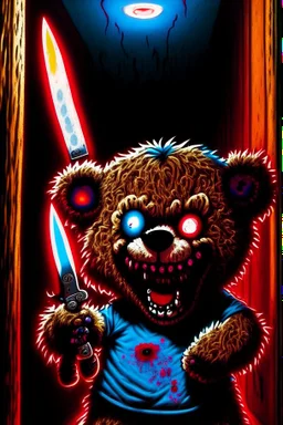 A maniacally laughing psycho evil teddy bear holding a knife, his one eyeball (made of a button and thread) hangs down his furry face, creepy, nightmarish, scary and surreal, the background is a bloody hallway erupted with bright multi-color flames, animatronic, cartoonist, absurdist, exaggerated, character design, horror cut v.I, horror art, five nights at Freddy, similar art to chucky, garbage art, graphic novel illustration style, videogame art, post modern cartoon, trending on artstation, Ka