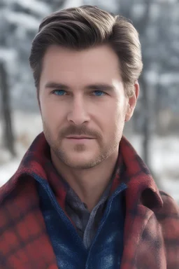 Blue eyes, close-up facial portrait - a Bright, well-lit UHD, 1080p 32k, photograph - winter time, hunting season, part Jesus Christ, part Elvis Presley with a mustache and short crew-cut hair, part Lee Majors, Part red and black checkered wool coat, blue jeans, cowboy boots, plaid shirt, sunbursts, crosses, 3D lighting, diamonds, hearts, Butterflies, Clovers, Roses, extremely colorful,